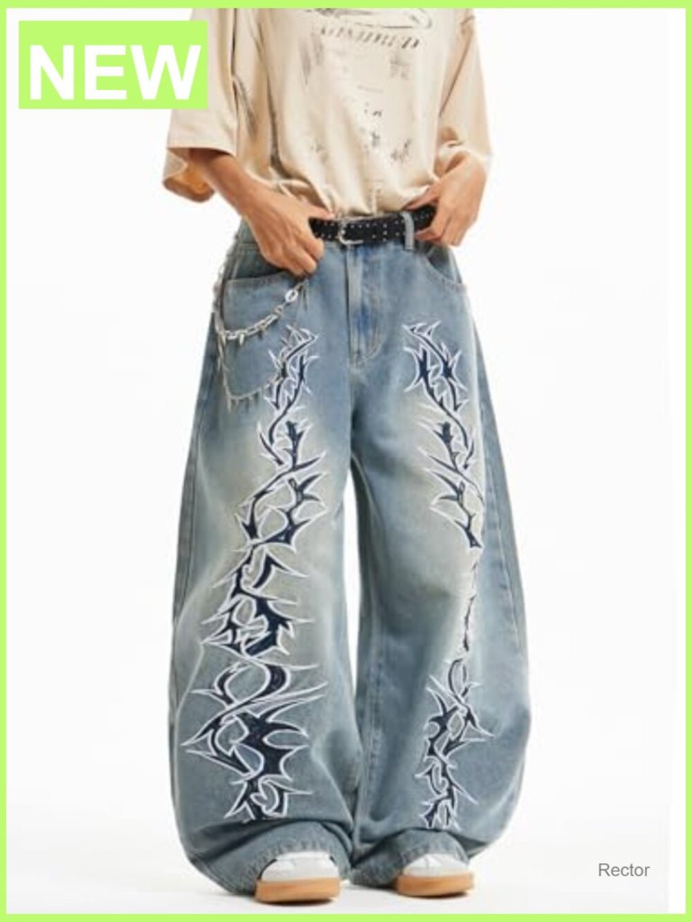Men’s Hip-Hop Embroidered Baggy Jeans Loose Fit Denim Trousers - Picture 3 of 6